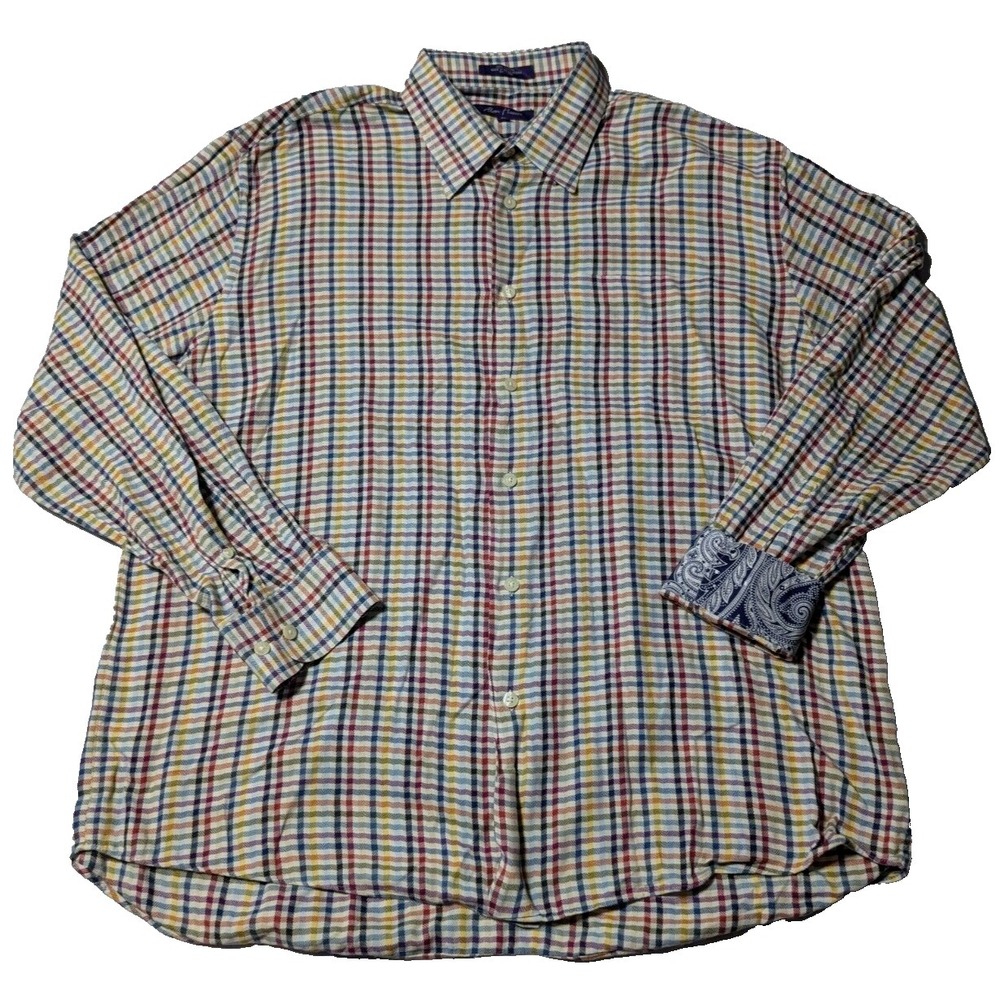 ALAN FLUSSER Men Size XL Cotton Multi Striped Plaid Button-Up Flip Cuff Shirt